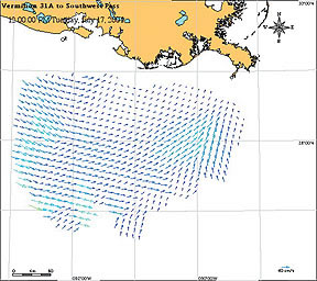 Total vector current map produced by combining the Vermilion & Southwest Pass radials, extending to 334 km offshore. Total vector current map produced by combining the Vermilion & Southwest Pass radials, extending to 334 km offshore.