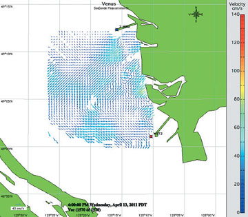 The 2-D surface current map collected by the SeaSondes in April 2011 during temporary test deployments conducted to determine the best installation locations